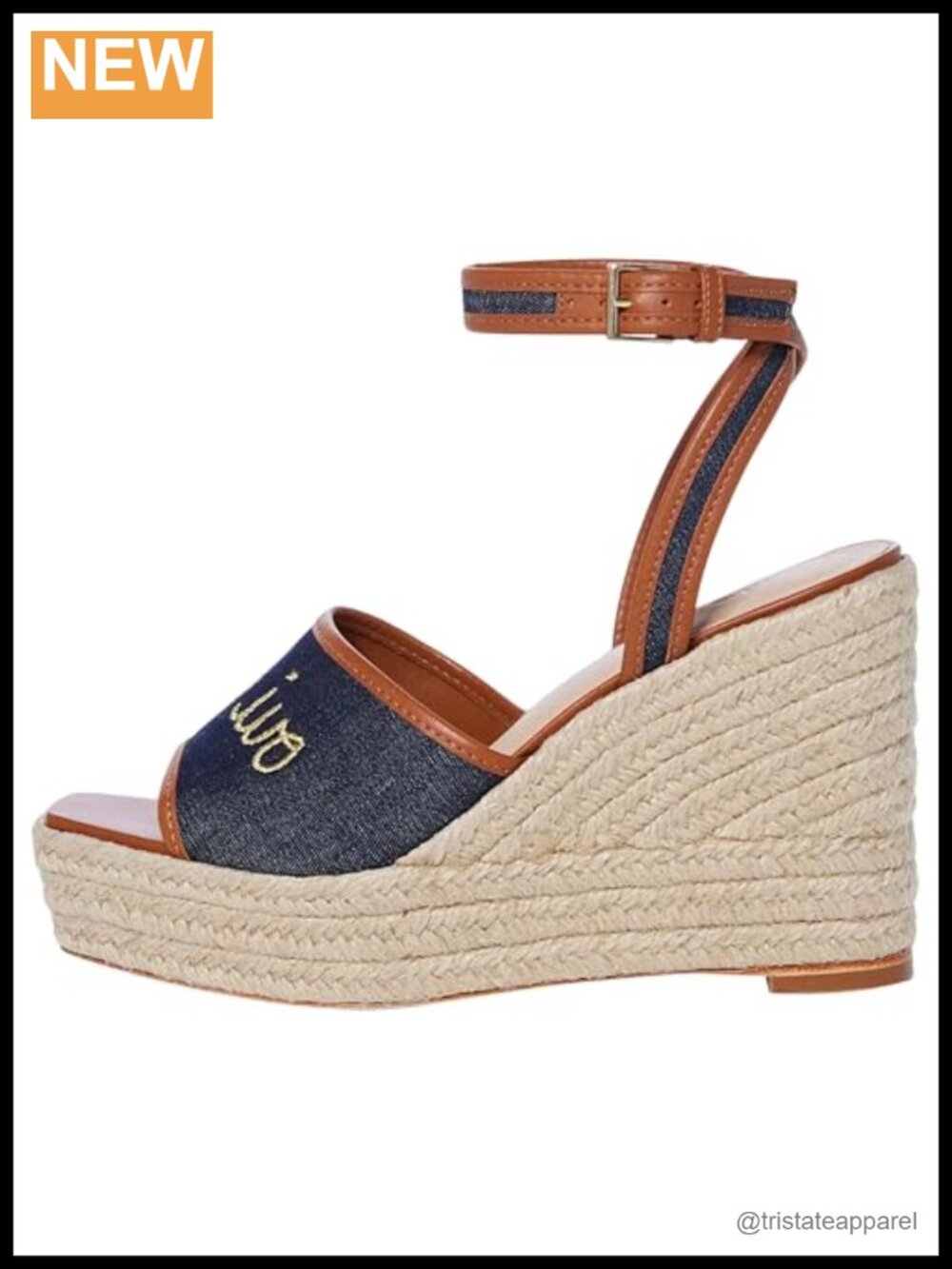 Cinq à Sept Denim Espadrille Wedge Sandals Gold Embroidery Ankle Strap